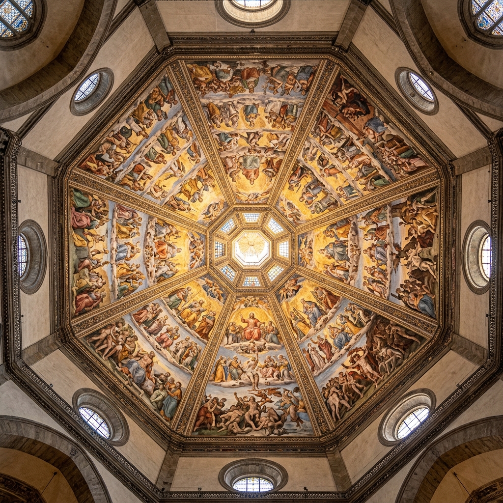 Interior view of Brunelleschi Dome showing Giorgio Vasari Last Judgment fresco in Florence Cathedral